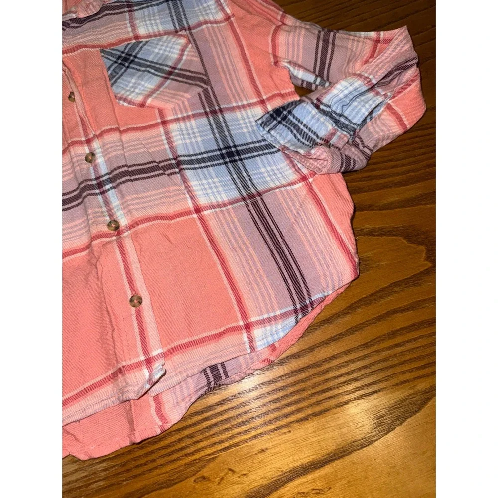 Justice Plaid Button Up Shirt Coral Blue‎ Girls Size M 10 Long Sleeve Pocket